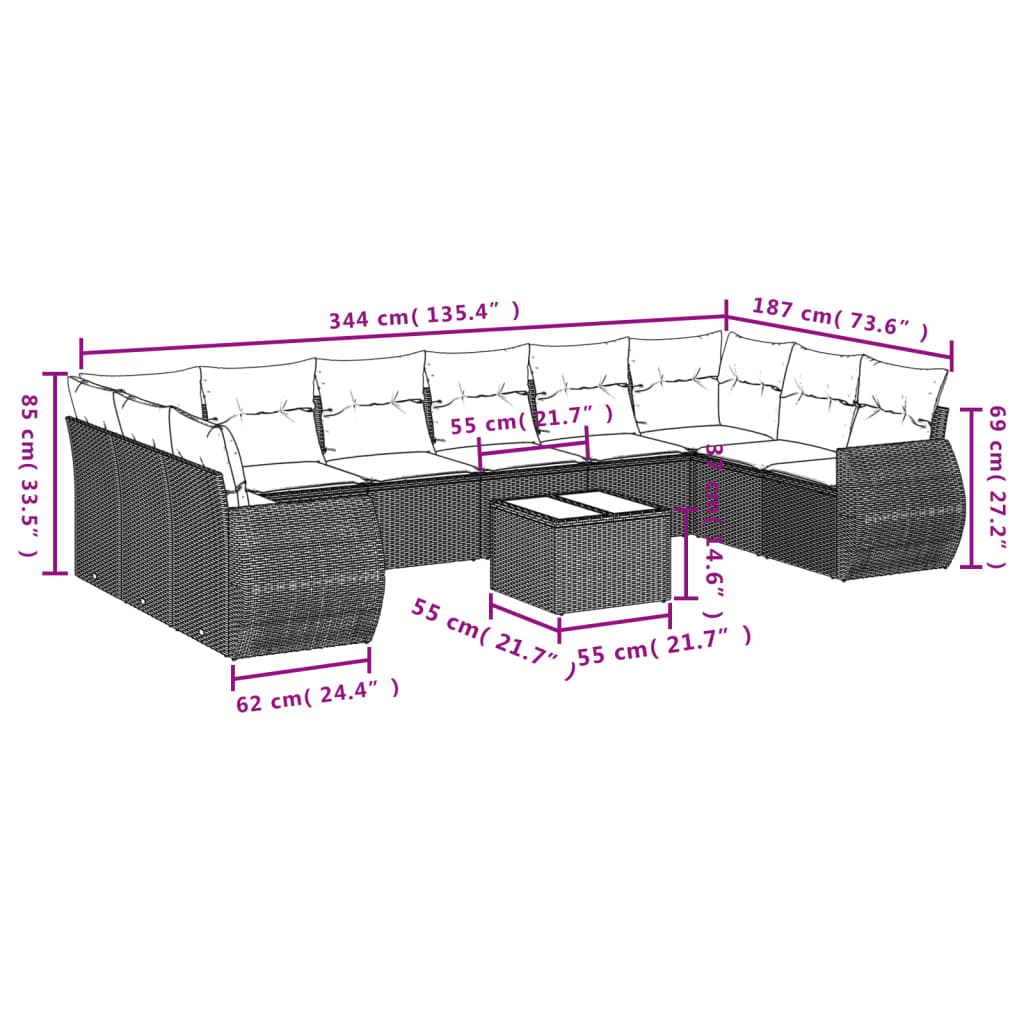 10-delige Loungeset met kussens poly rattan zwart