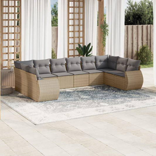 10-delige Loungeset met kussens poly rattan beige