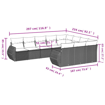 10-delige Loungeset met kussens poly rattan grijs