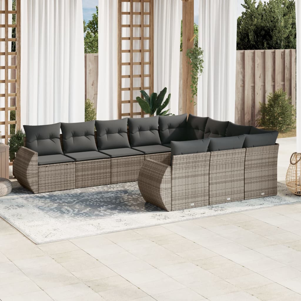 10-delige Loungeset met kussens poly rattan grijs