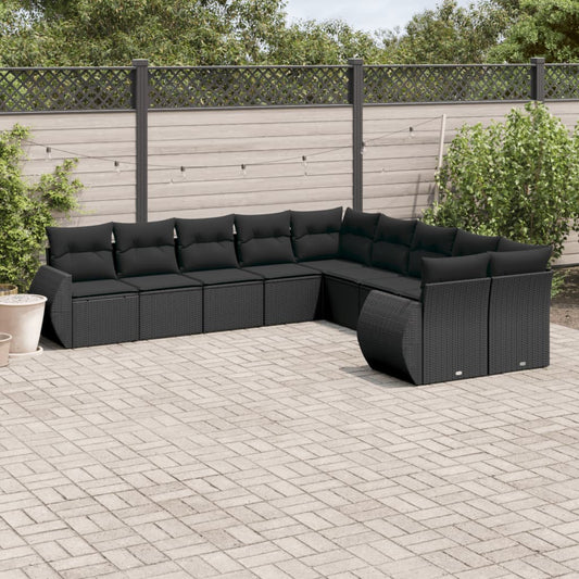 10-delige Loungeset met kussens poly rattan zwart