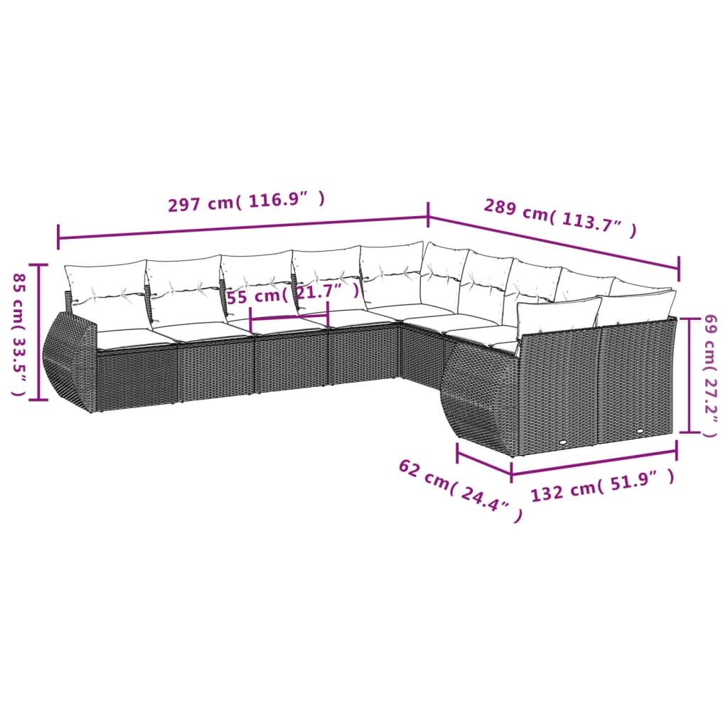 10-delige Loungeset met kussens poly rattan grijs