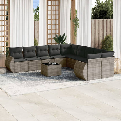 10-delige Loungeset met kussens poly rattan grijs