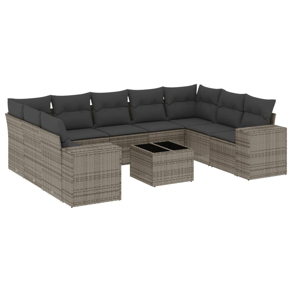 10-delige Loungeset met kussens poly rattan grijs