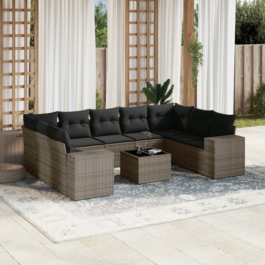 10-delige Loungeset met kussens poly rattan grijs