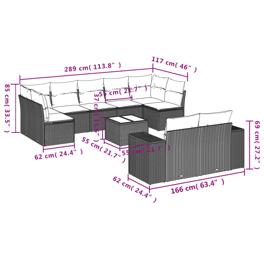 10-delige Loungeset met kussens poly rattan beige