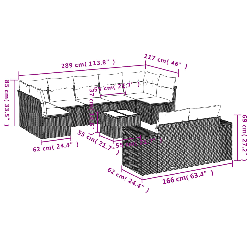 10-delige Loungeset met kussens poly rattan grijs