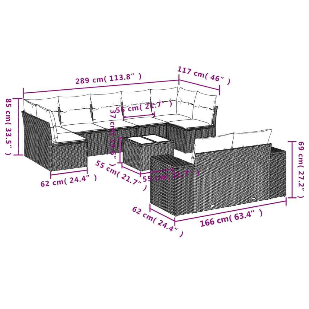 10-delige Loungeset met kussens poly rattan lichtgrijs