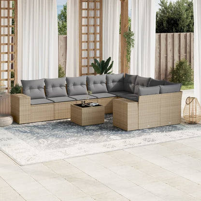 10-delige Loungeset met kussens poly rattan beige