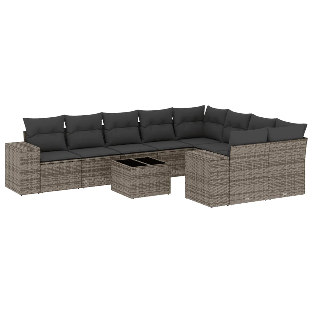 10-delige Loungeset met kussens poly rattan grijs