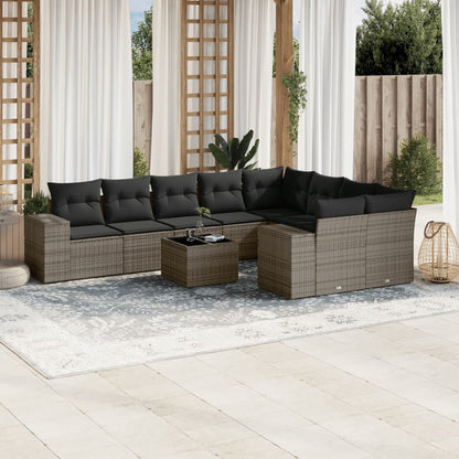 10-delige Loungeset met kussens poly rattan grijs