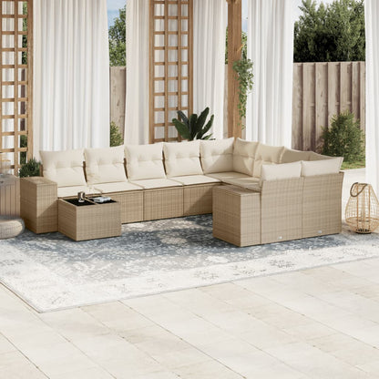 10-delige Loungeset met kussens poly rattan beige