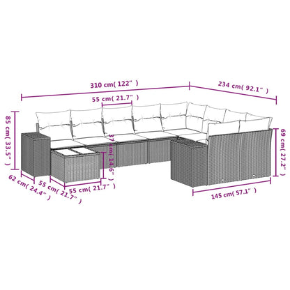 10-delige Loungeset met kussens poly rattan grijs