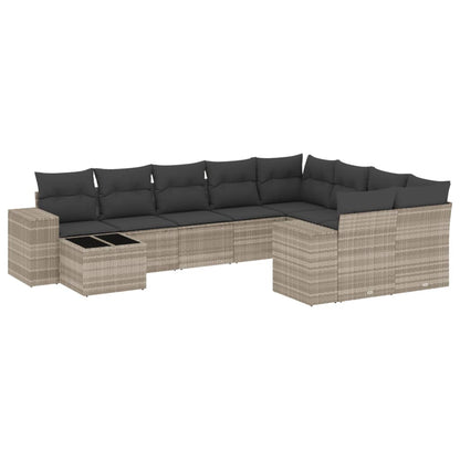 10-delige Loungeset met kussens poly rattan lichtgrijs