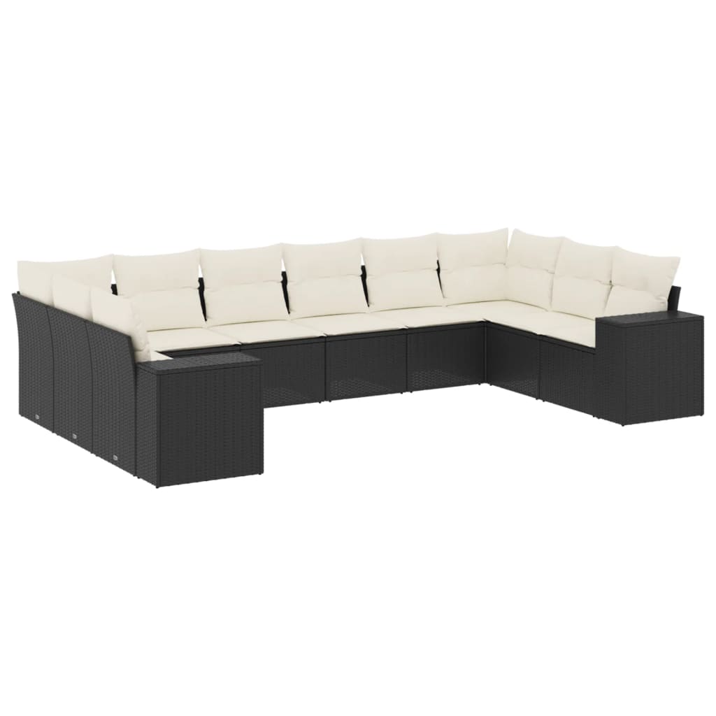 10-delige Loungeset met kussens poly rattan zwart