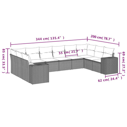 10-delige Loungeset met kussens poly rattan grijs