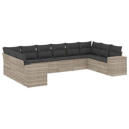 10-delige Loungeset met kussens poly rattan lichtgrijs