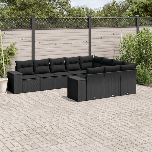 10-delige Loungeset met kussens poly rattan zwart