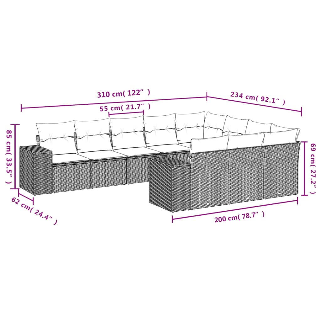 10-delige Loungeset met kussens poly rattan zwart