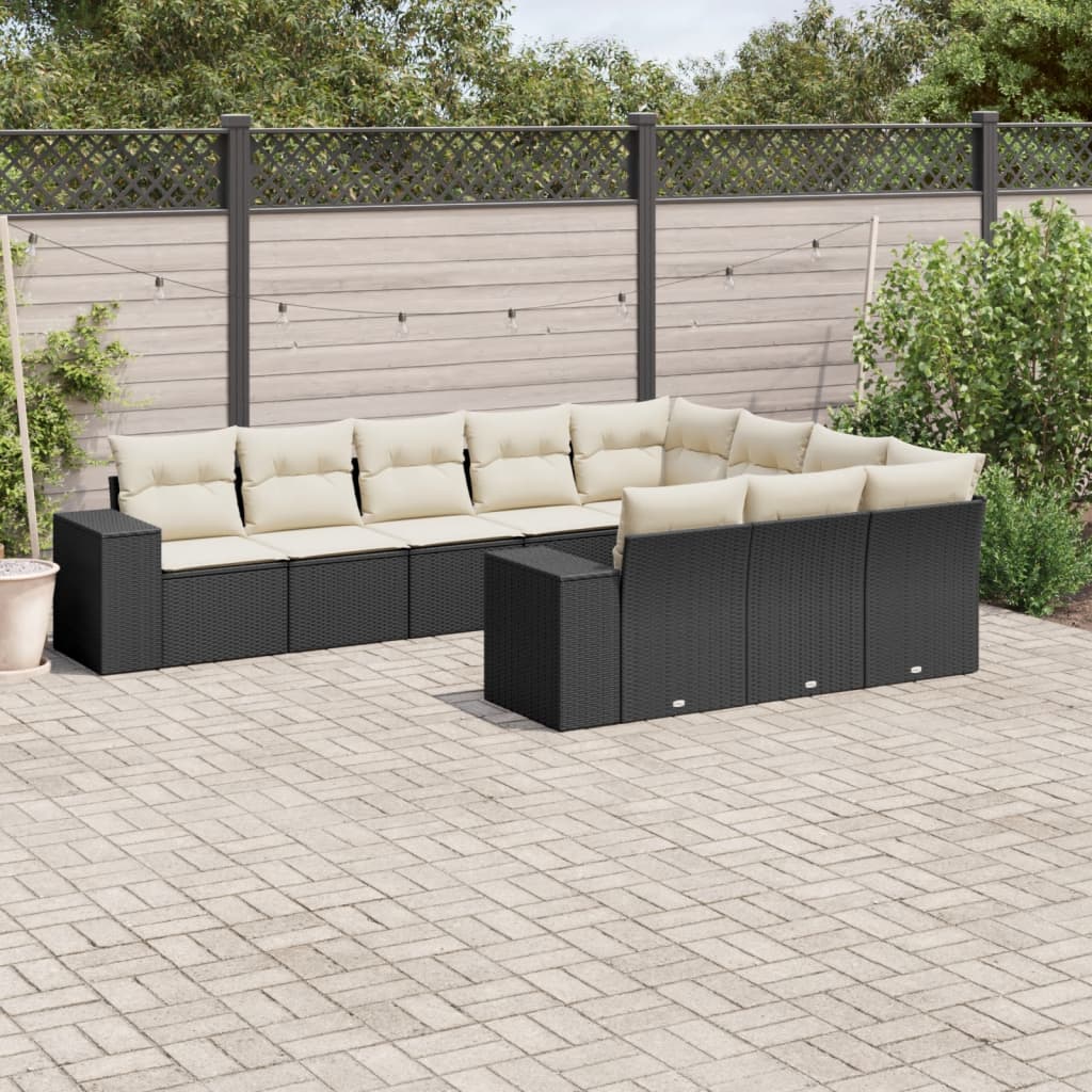 10-delige Loungeset met kussens poly rattan zwart