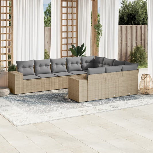 10-delige Loungeset met kussens poly rattan beige