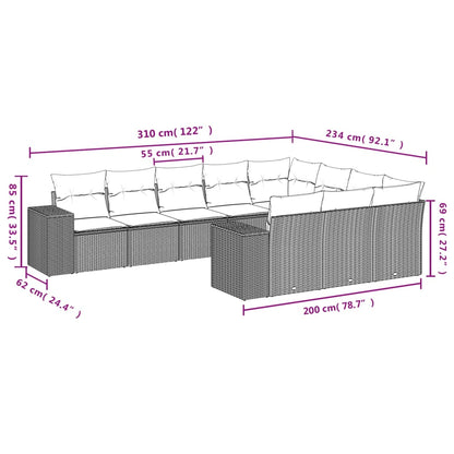 10-delige Loungeset met kussens poly rattan grijs