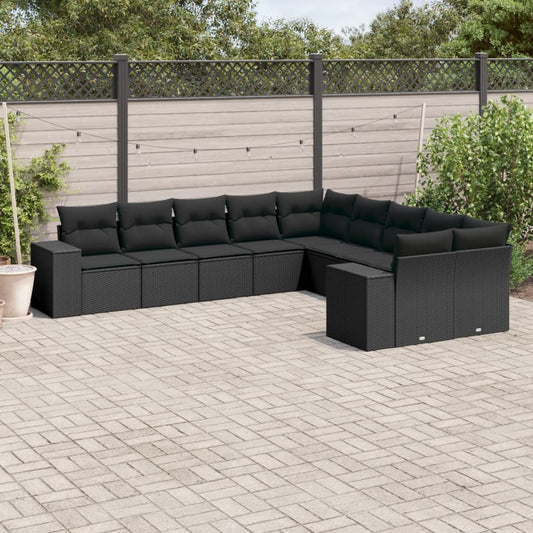 10-delige Loungeset met kussens poly rattan zwart