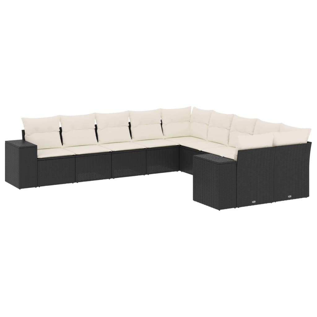 10-delige Loungeset met kussens poly rattan zwart