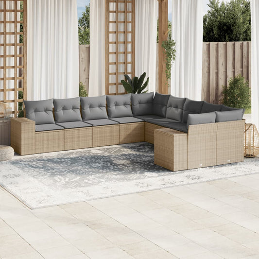 10-delige Loungeset met kussens poly rattan beige