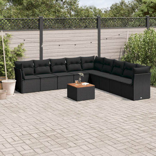 10-delige Loungeset met kussens poly rattan zwart