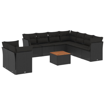 10-delige Loungeset met kussens poly rattan zwart