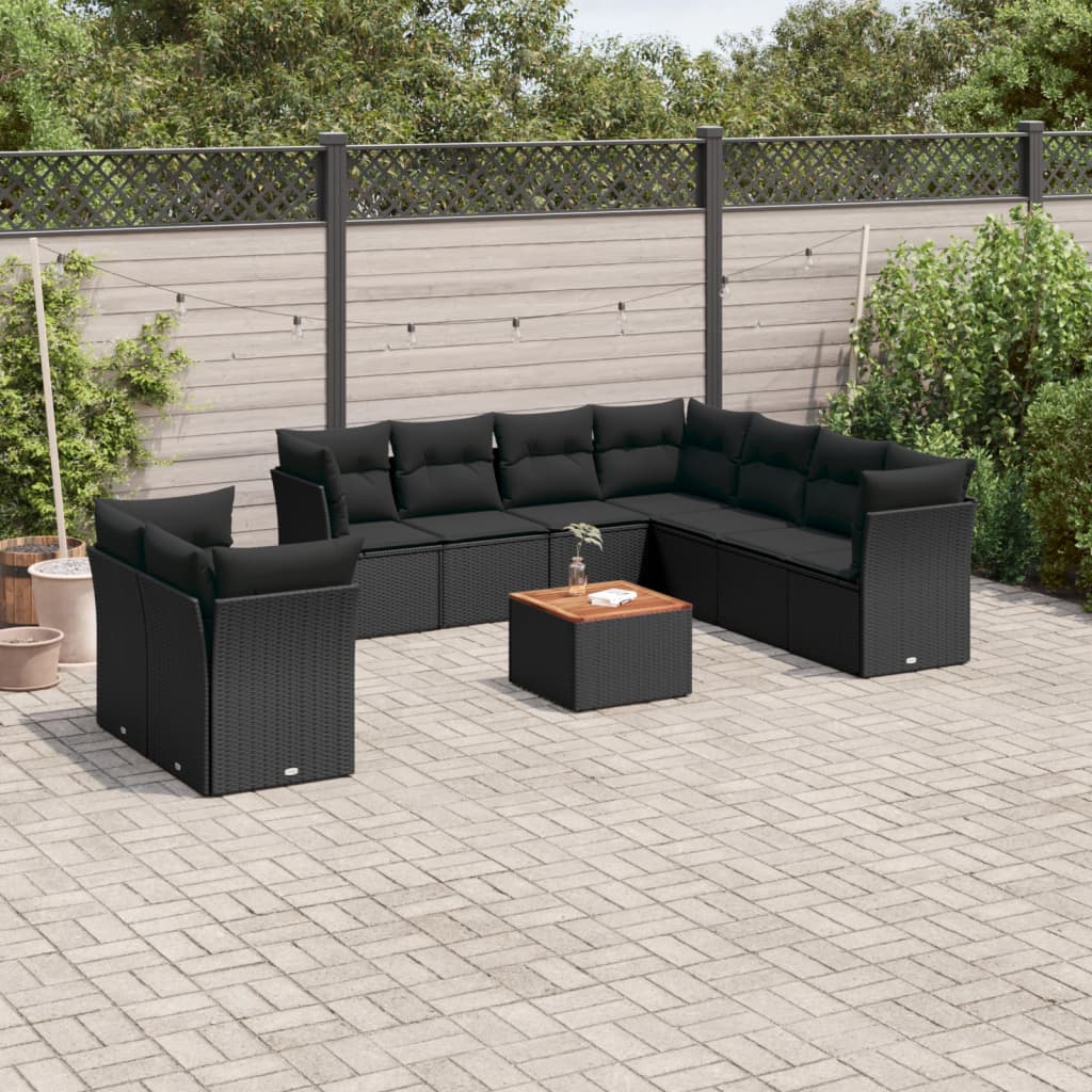 10-delige Loungeset met kussens poly rattan zwart