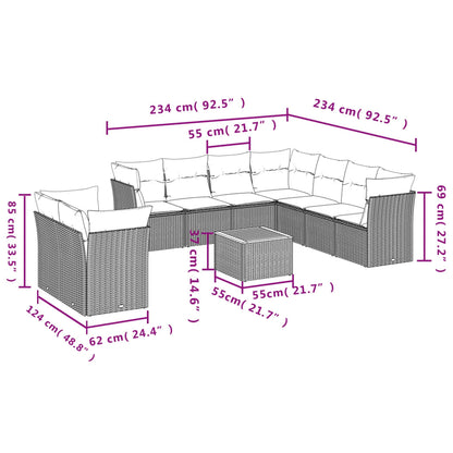 10-delige Loungeset met kussens poly rattan grijs