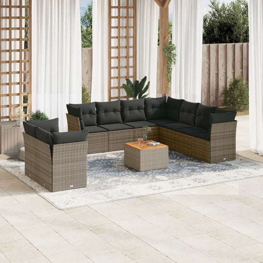 10-delige Loungeset met kussens poly rattan grijs