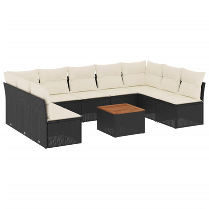 10-delige Loungeset met kussens poly rattan zwart