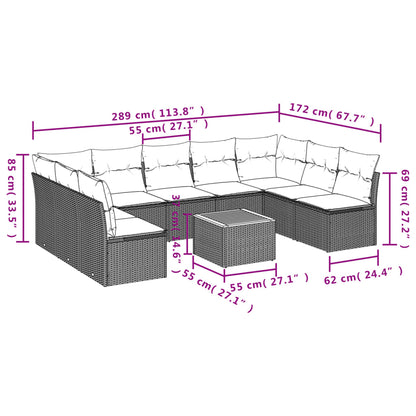 10-delige Loungeset met kussens poly rattan zwart