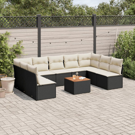 10-delige Loungeset met kussens poly rattan zwart