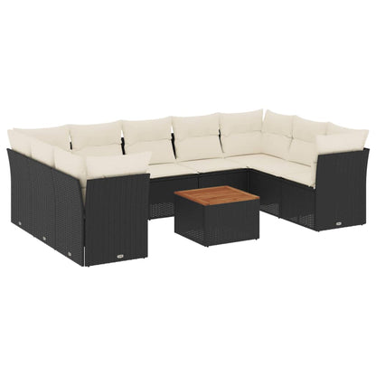 10-delige Loungeset met kussens poly rattan zwart