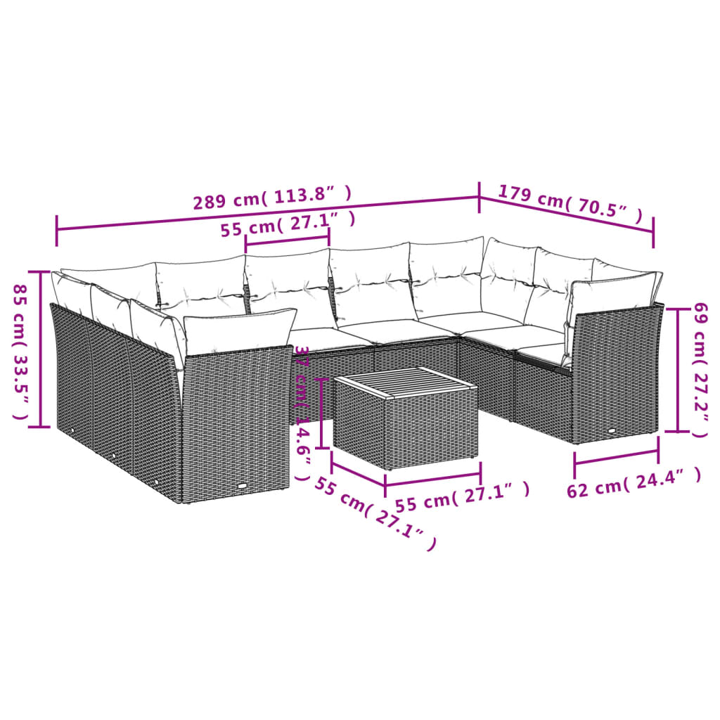 10-delige Loungeset met kussens poly rattan beige