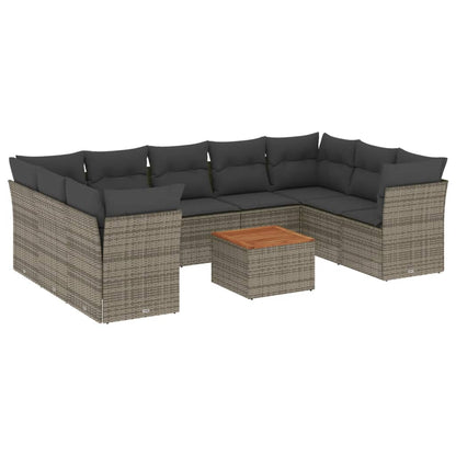 10-delige Loungeset met kussens poly rattan grijs