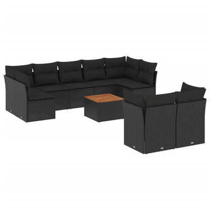 10-delige Loungeset met kussens poly rattan zwart