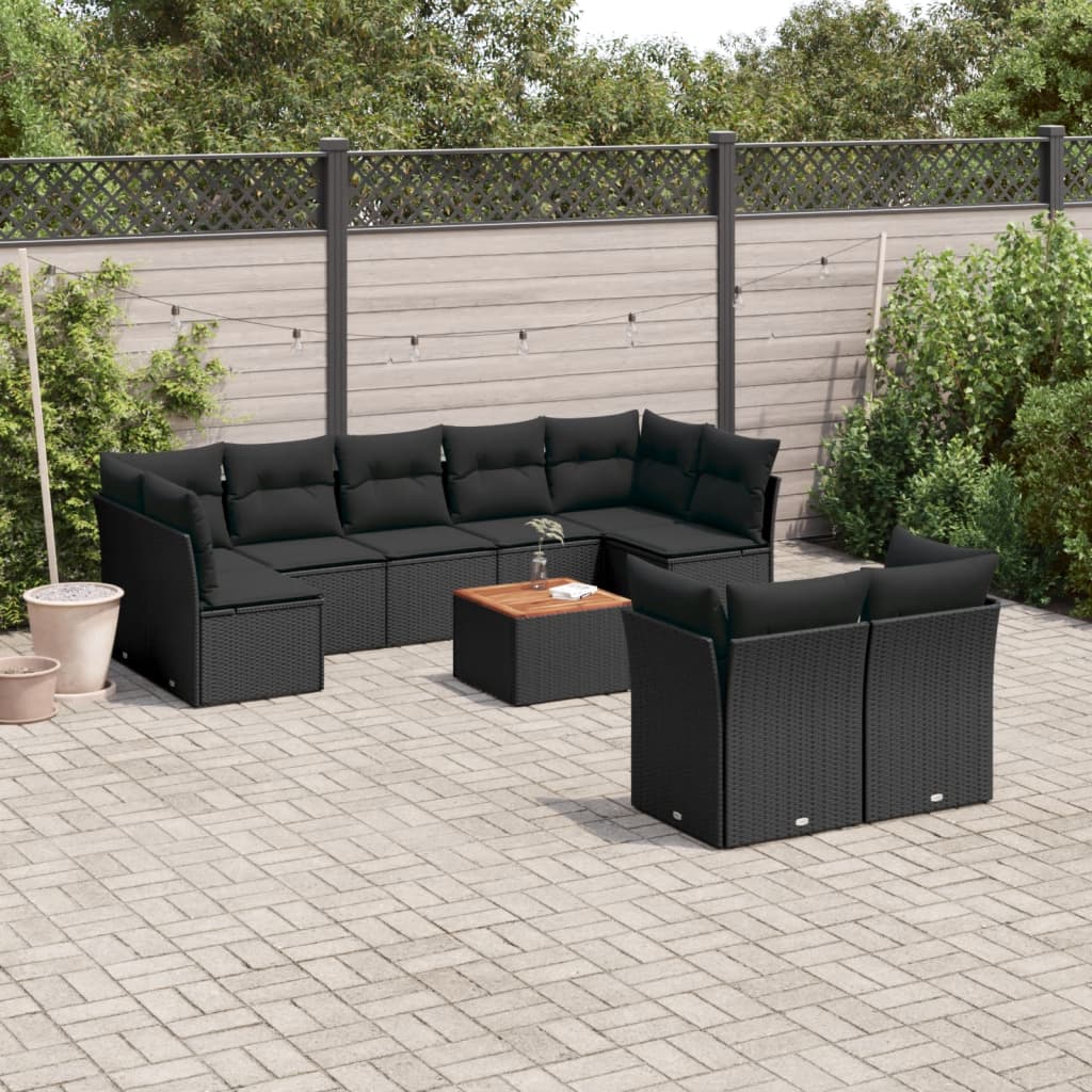 10-delige Loungeset met kussens poly rattan zwart