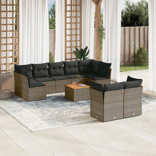 10-delige Loungeset met kussens poly rattan grijs