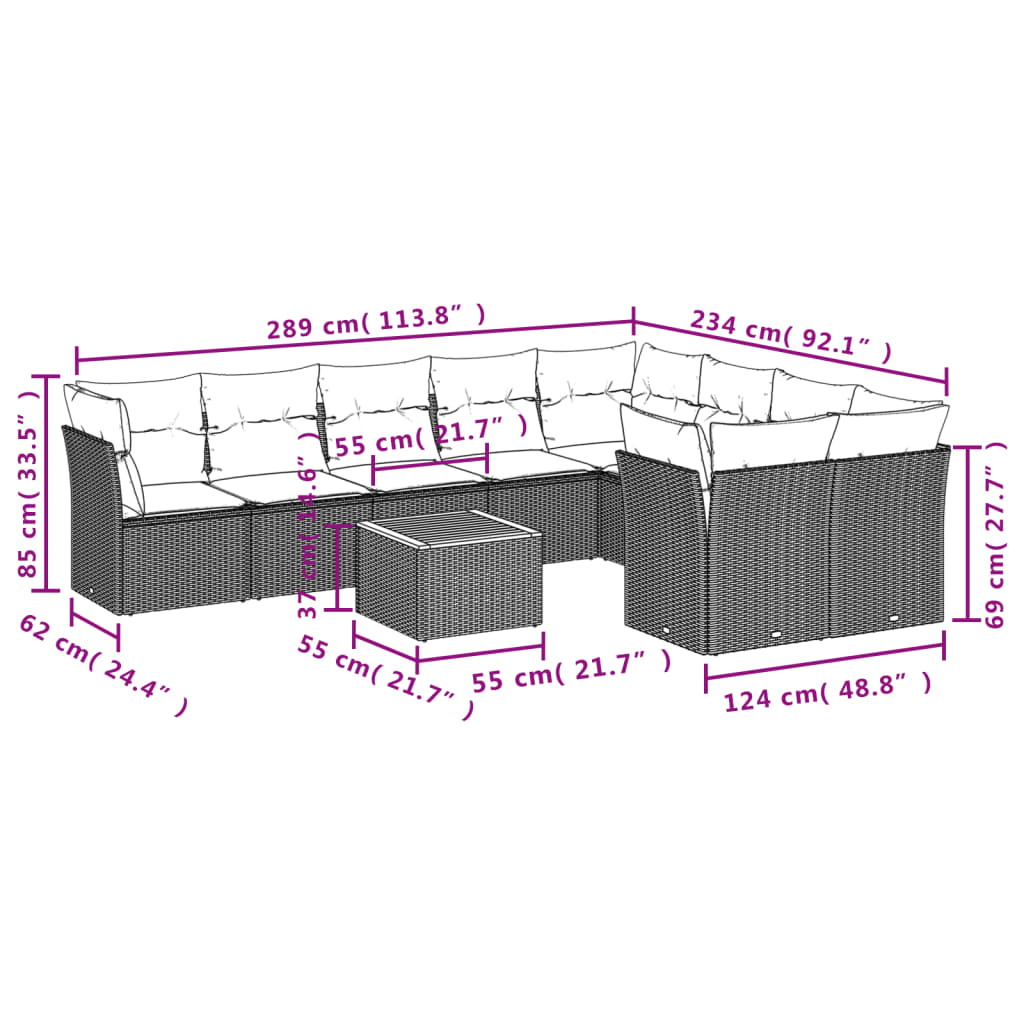 10-delige Loungeset met kussens poly rattan gemengd beige