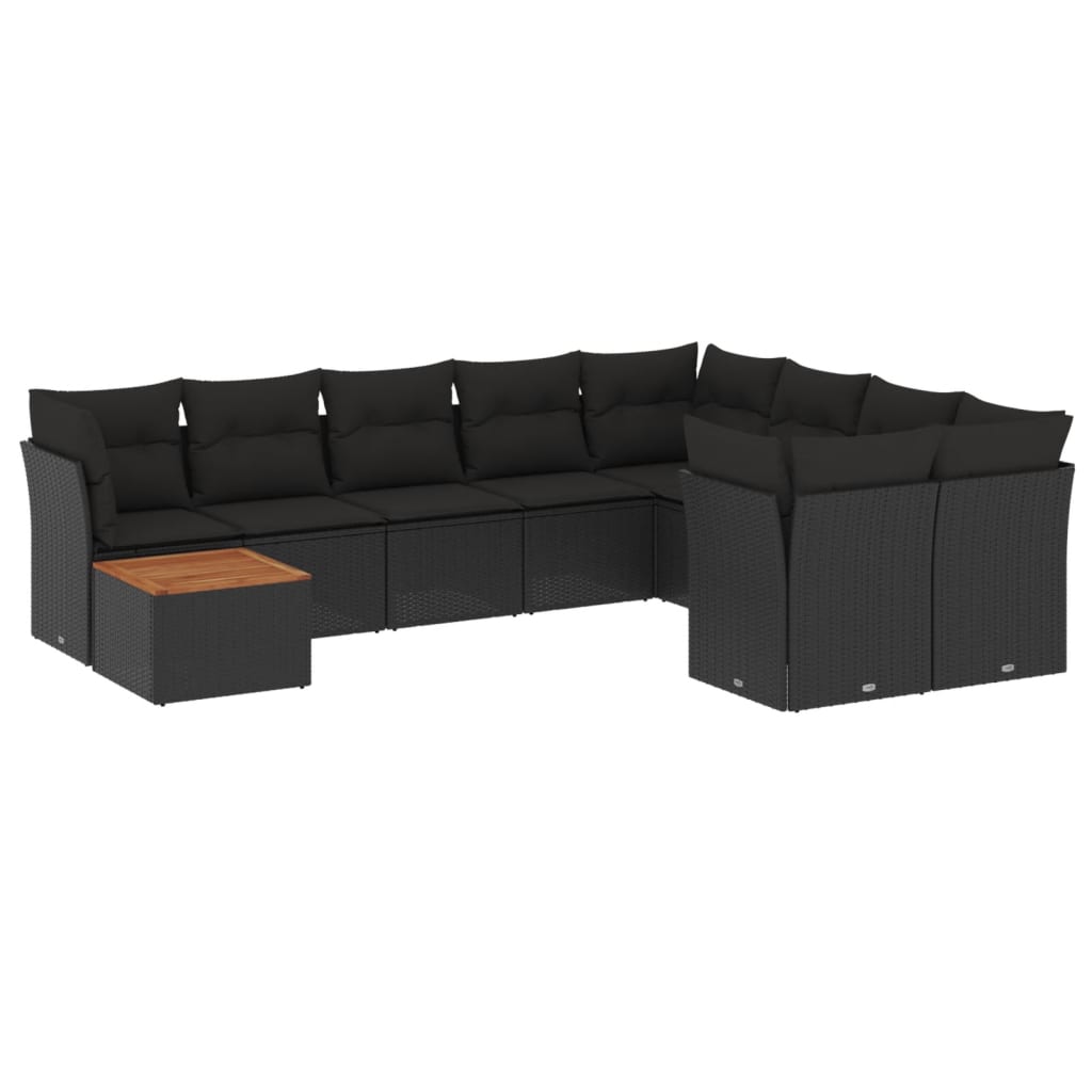 10-delige Loungeset met kussens poly rattan zwart