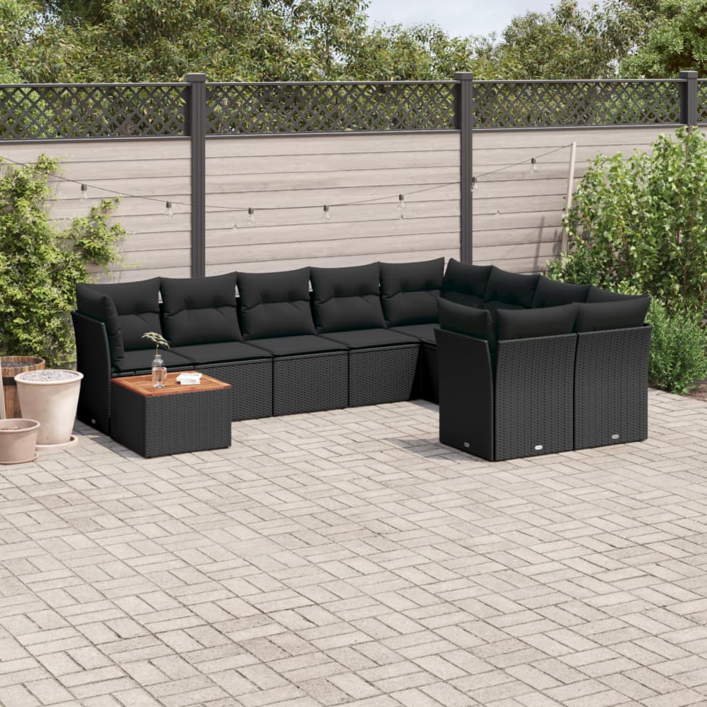 10-delige Loungeset met kussens poly rattan zwart