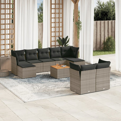 10-delige Loungeset met kussens poly rattan grijs