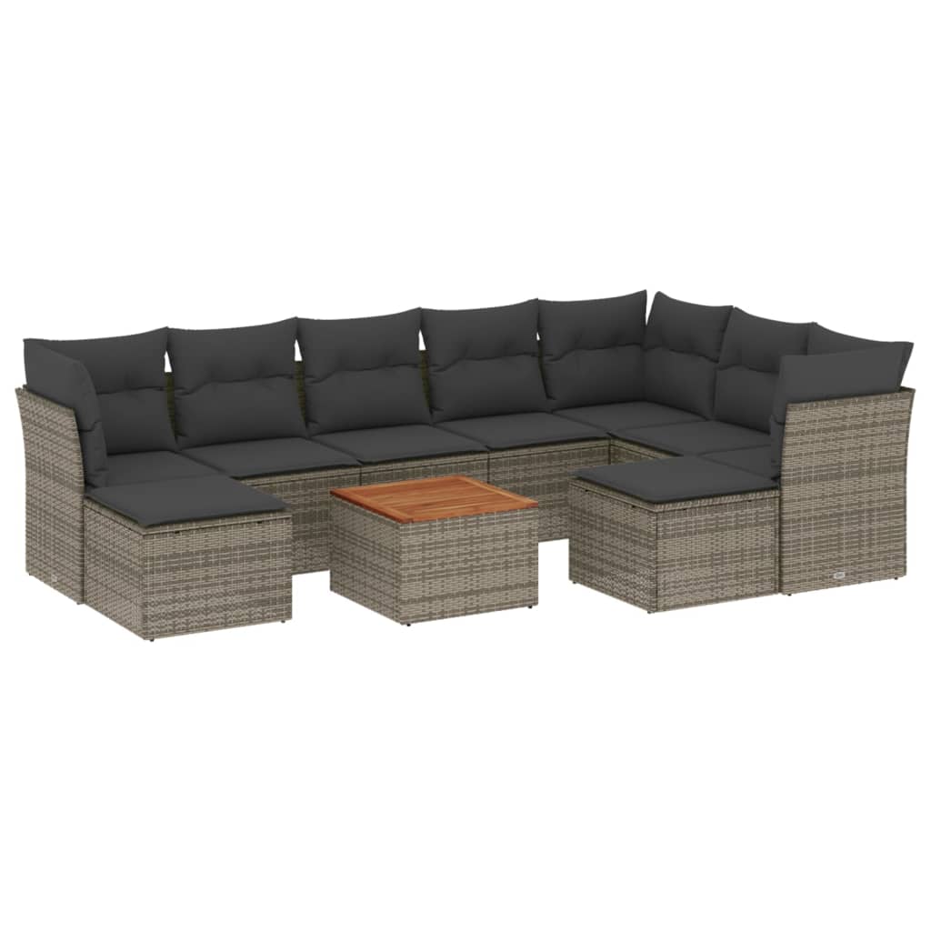 10-delige Loungeset met kussens poly rattan grijs