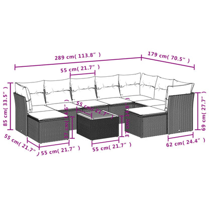 10-delige Loungeset met kussens poly rattan grijs