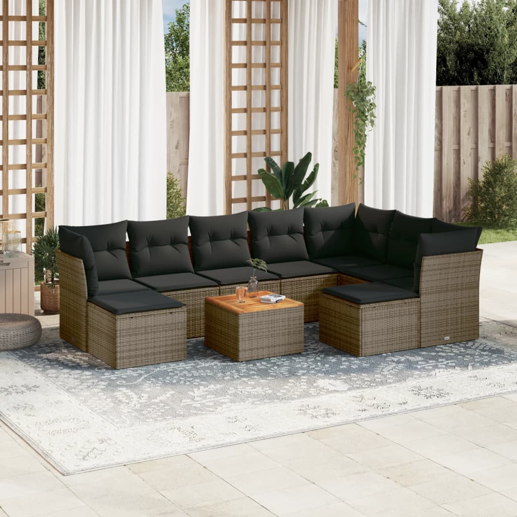 10-delige Loungeset met kussens poly rattan grijs